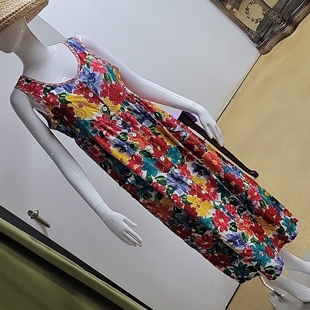 Carole Little 100% Rayon Colorful Watercolor Sleeveless Floral Cottagecore Dress